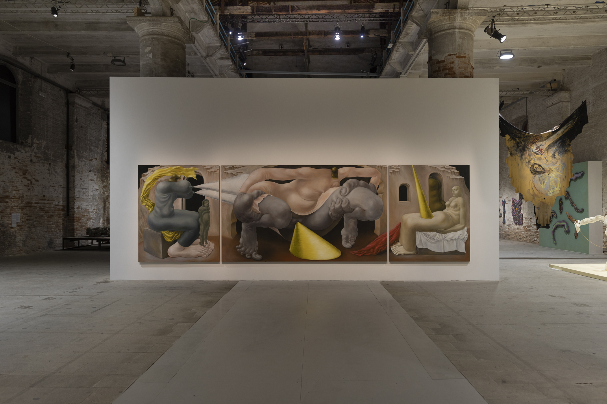 Louise Bonnet, Pisser Triptych, 2021-22, installation view: The 59th International Art Exhibition, Venice, 2022, photo: Roberto Marossi, courtesy of La Biennale di Venezia