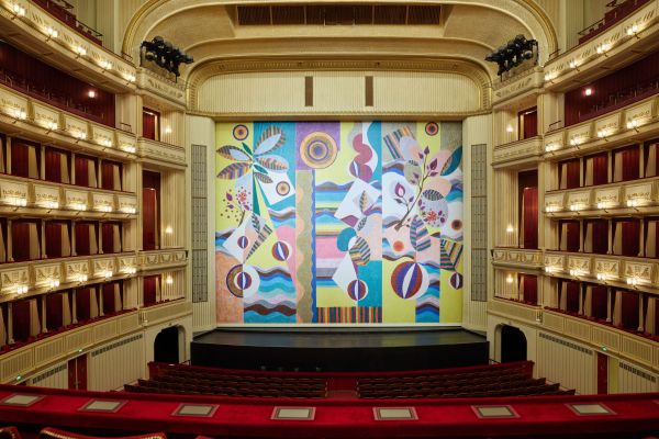 Installation view: Pink Sunshine, Safety Curtain, museum in progress, Vienna State Opera, 2021, photo: Andreas Scheiblecker